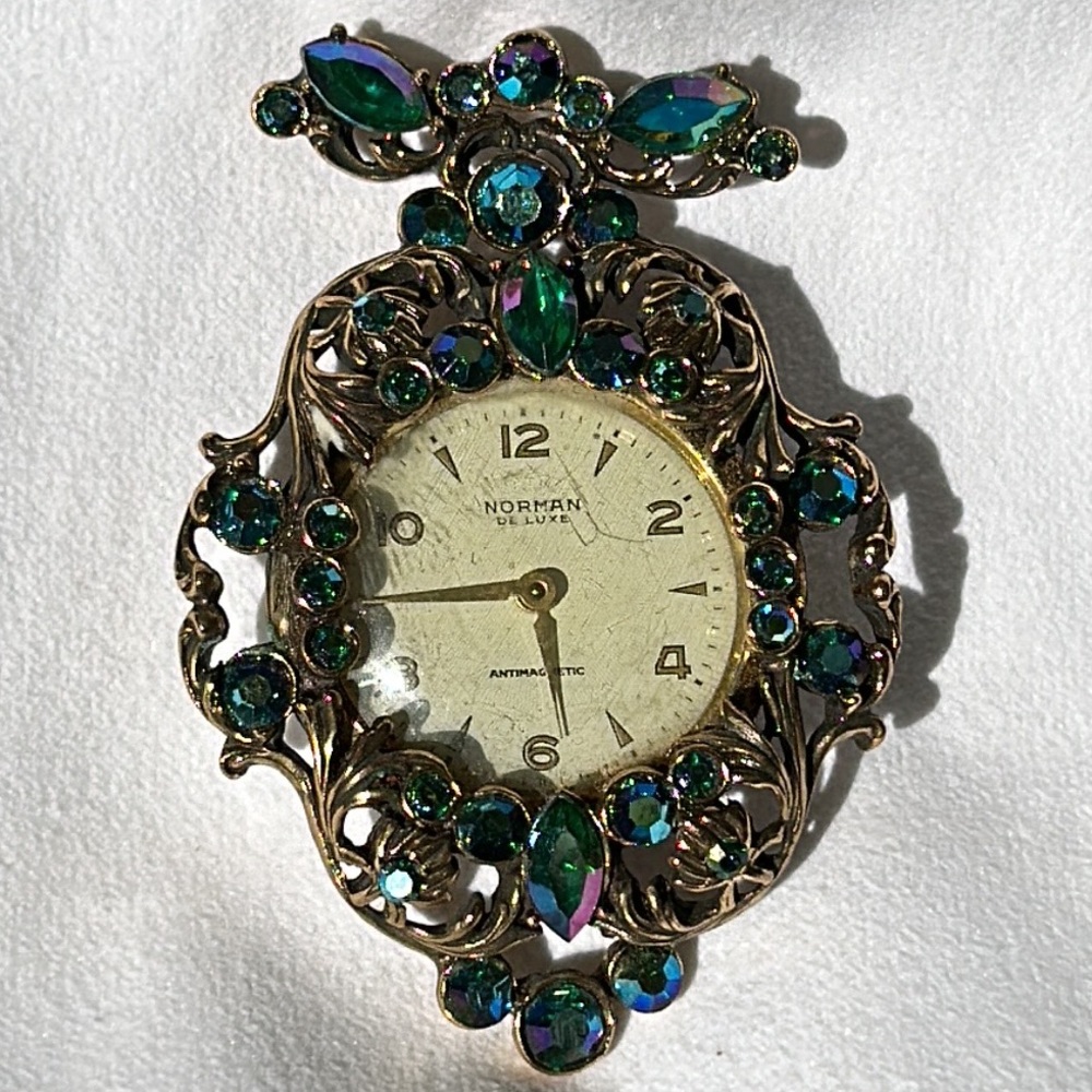 Vintage Swiss Watch Colorful Crystals Pin Brooch